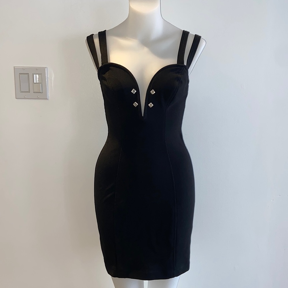 90s Vintage Deep Sweetheart Little Black Dress With Metal Details & Boning